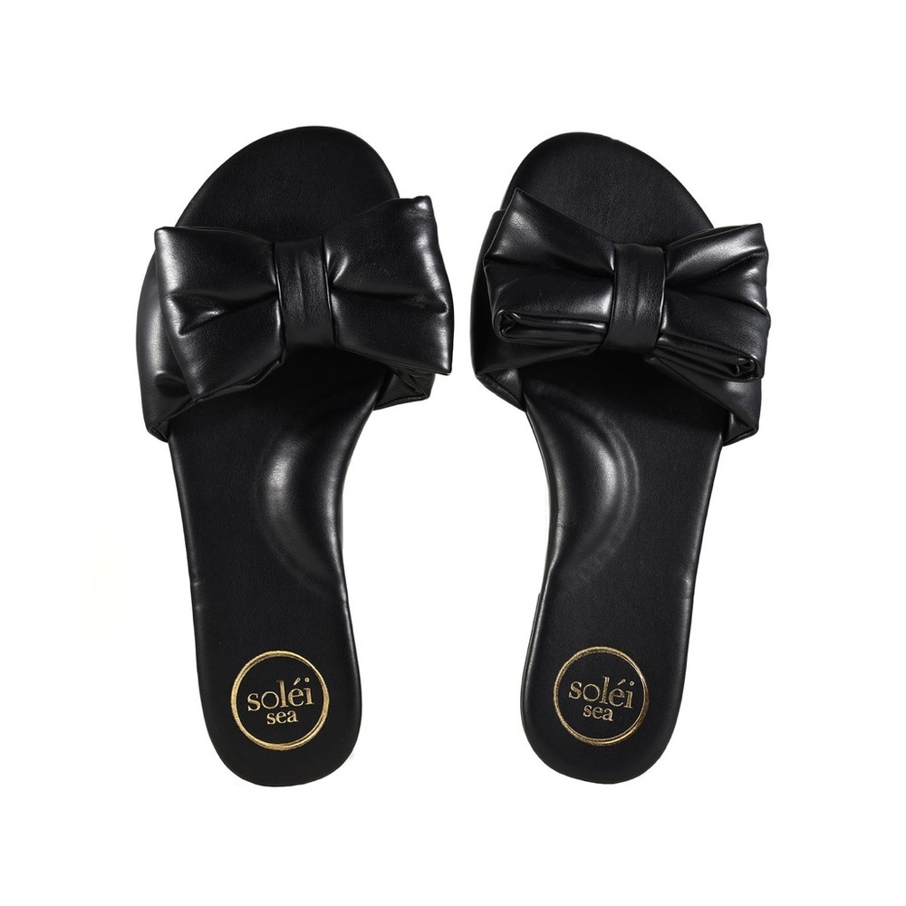 Solei Sea Black Vegan Leather Bow Slide Sandals Size 9